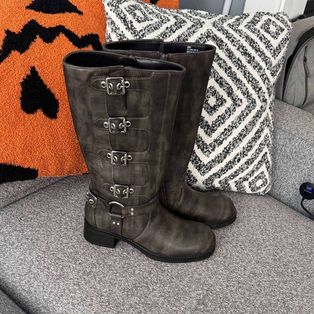 Shoe Dazzle Dark Brown Moto Boots